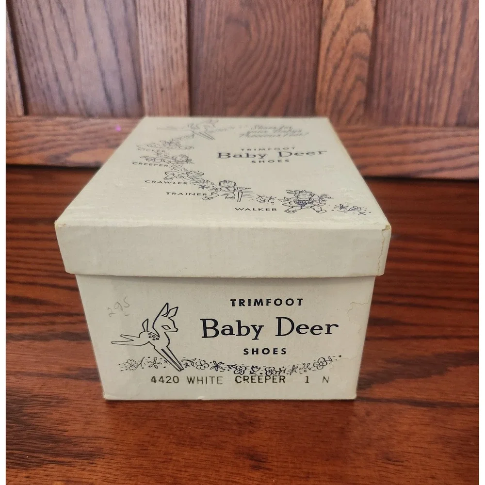 VTG Baby Deer Shoes Trimfoot Infant Creeper Shoes White Leather Size‎ 1 Orig Box